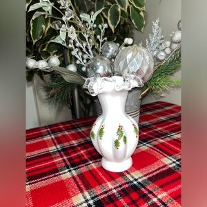 Vintage Fenton Silver Crest Vase Hand painted with Holly leaves/ Berries -Signed